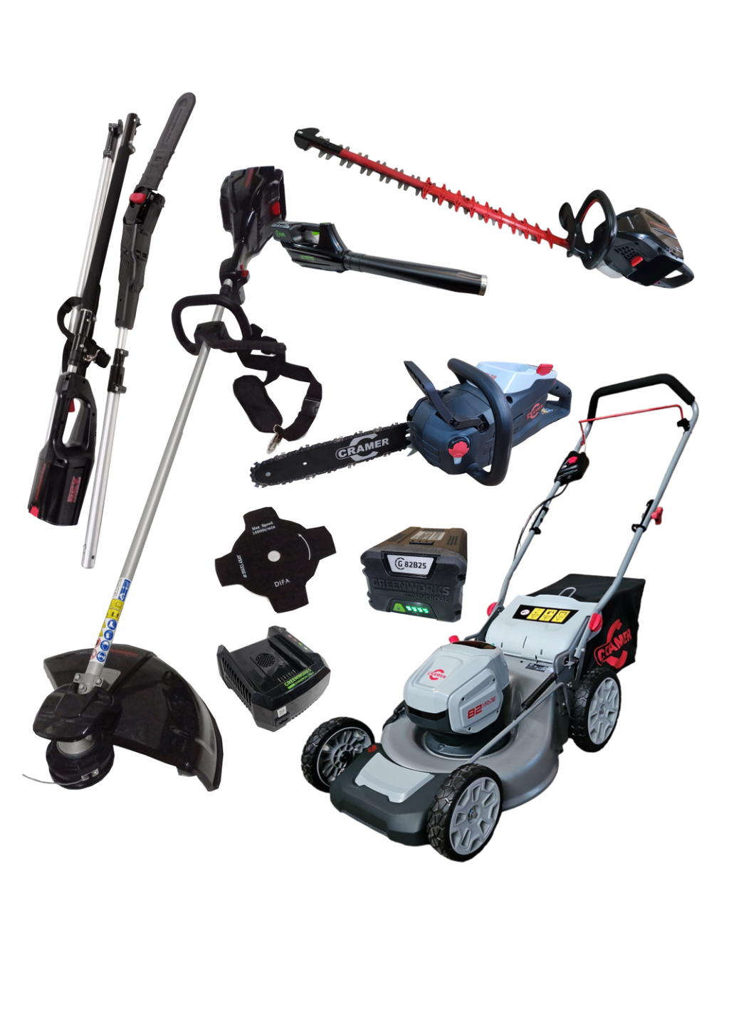82V Akku Gartengeräte Starterset 2 Trimmer Kettensäge Laubbläser Rasenmäher