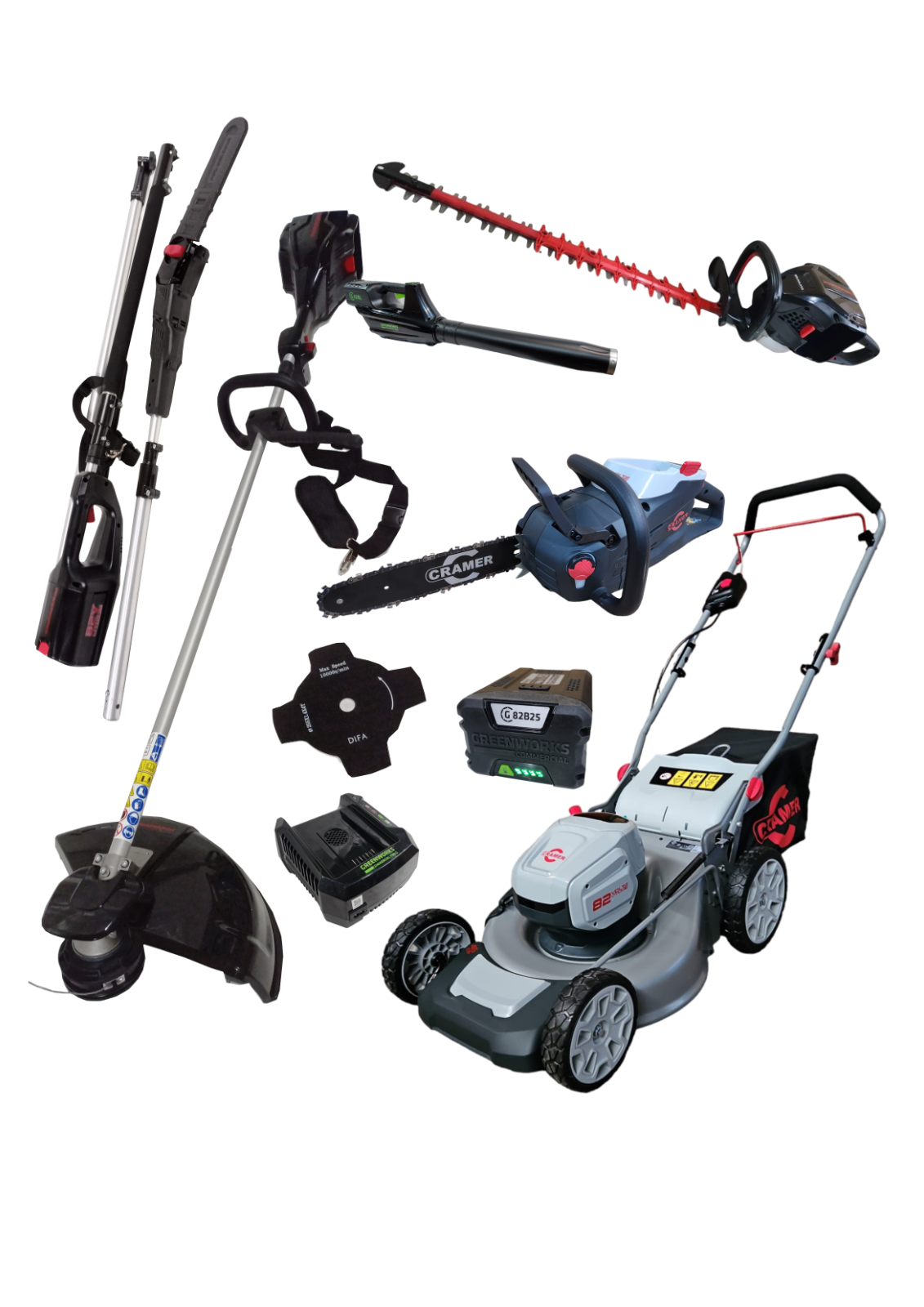 82V Akku Gartengeräte Starterset 2 Trimmer Kettensäge Laubbläser Rasenmäher